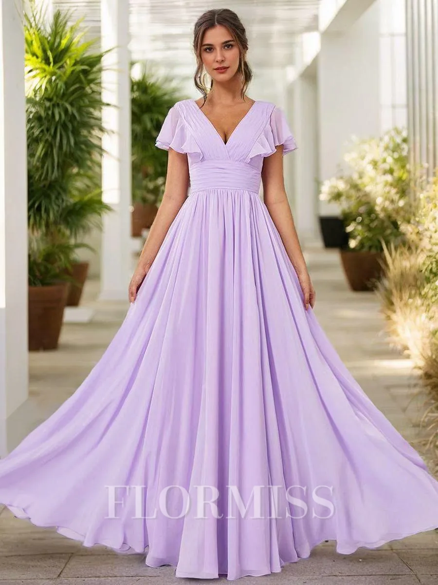A-Line/Princess Chiffon Ruched V-neck Short Sleeves Floor-Length Bridesmaid Dresses