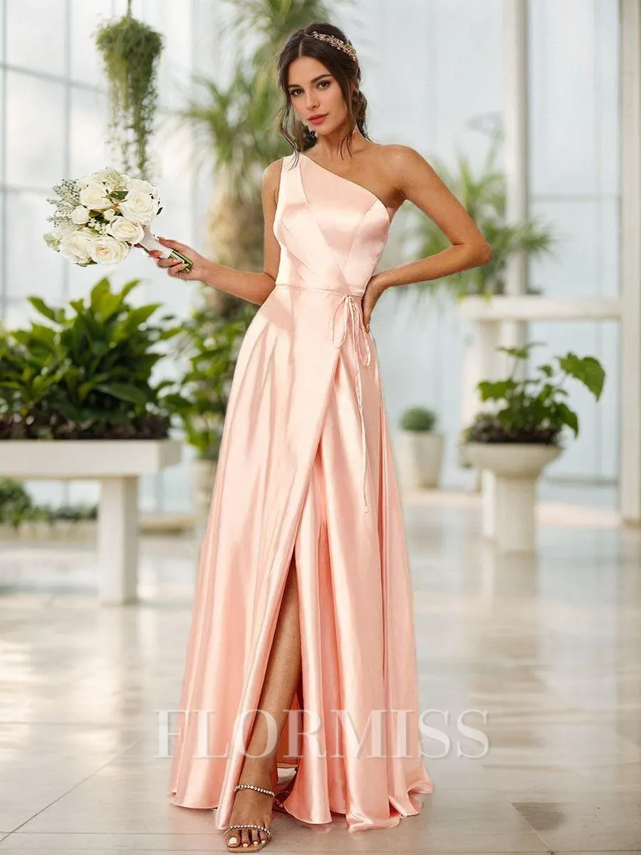 A-Line/Princess Silk Like Satin Ruched One-Shoulder Sleeveless Floor-Length Bridesmaid Dresses