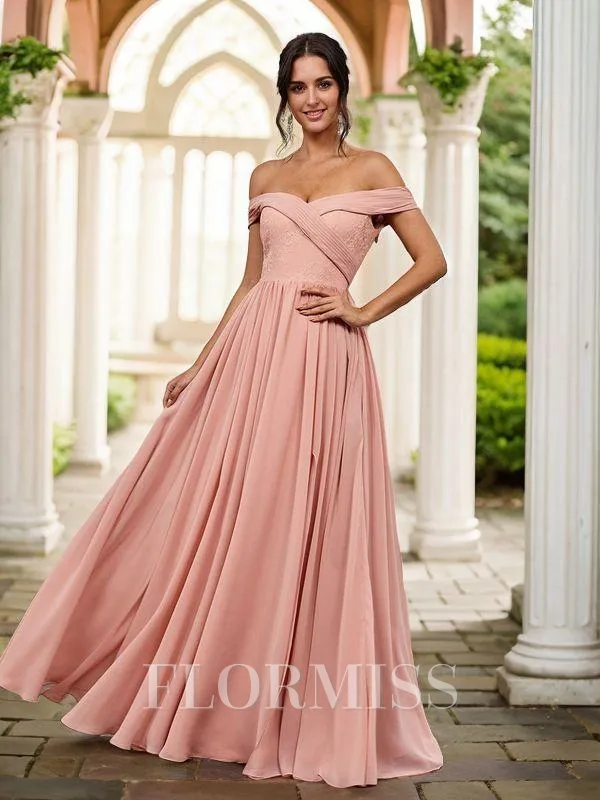 A-Line/Princess Chiffon Applique Off-the-Shoulder Sleeveless Floor-Length Bridesmaid Dresses