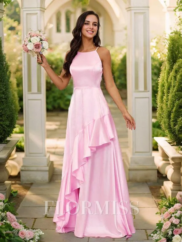 A-Line/Princess Silk Like Satin Ruffles Halter Sleeveless Floor-Length Bridesmaid Dresses
