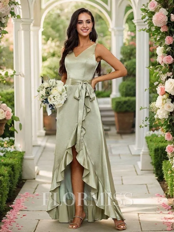 A-Line/Princess Silk Like Satin Ruffles V-neck Sleeveless Asymmetrical Bridesmaid Dresses