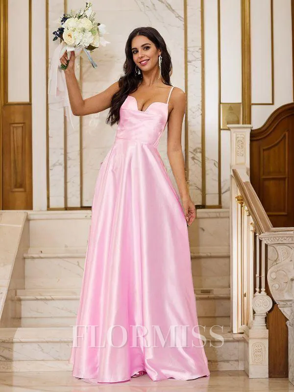 A-Line/Princess Silk Like Satin Spaghetti Straps Sleeveless Floor-Length Bridesmaid Dresses