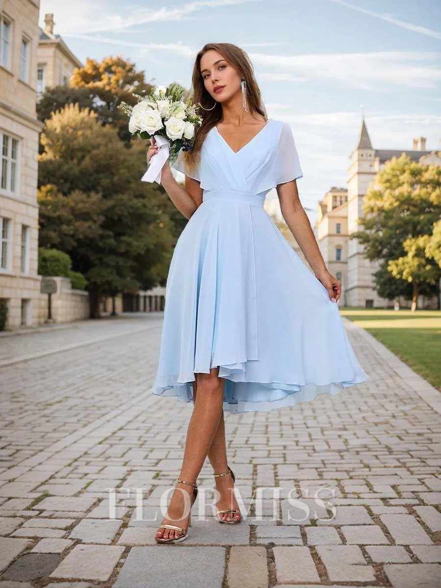 A-line/Princess Chiffon Ruched V-neck Short Sleeves Asymmetrical Bridesmaid Dresses
