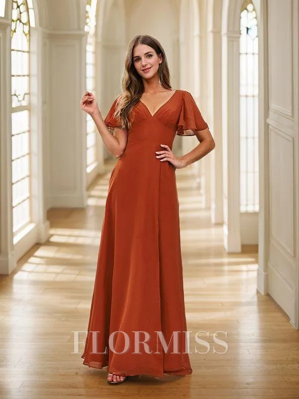 A-line/Princess Chiffon Ruched V-neck Short Sleeves Floor-Length Bridesmaid Dresses