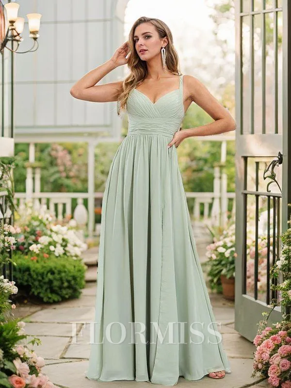 A-line/Princess Chiffon Ruched V-neck Sleeveless Floor-Length Bridesmaid Dresses