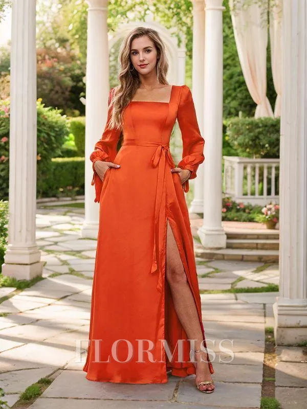 A-line/Princess Satin Chiffon Square Long Sleeves Floor-Length Bridesmaid Dresses