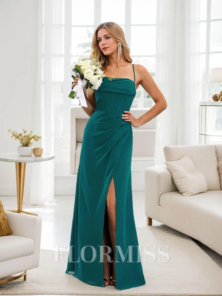 A-line/Princess Chiffon Ruched Spaghetti Straps Sleeveless Floor-Length Corset Bridesmaid Dresses