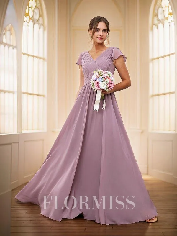 A-line/Princess Chiffon Ruched V-neck Short Sleeves Floor-Length Bridesmaid Dresses