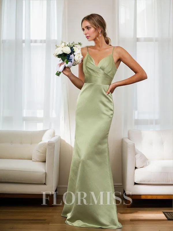 Sheath/Column Satin Ruched V-neck Sleeveless Floor-Length Bridesmaid Dresses