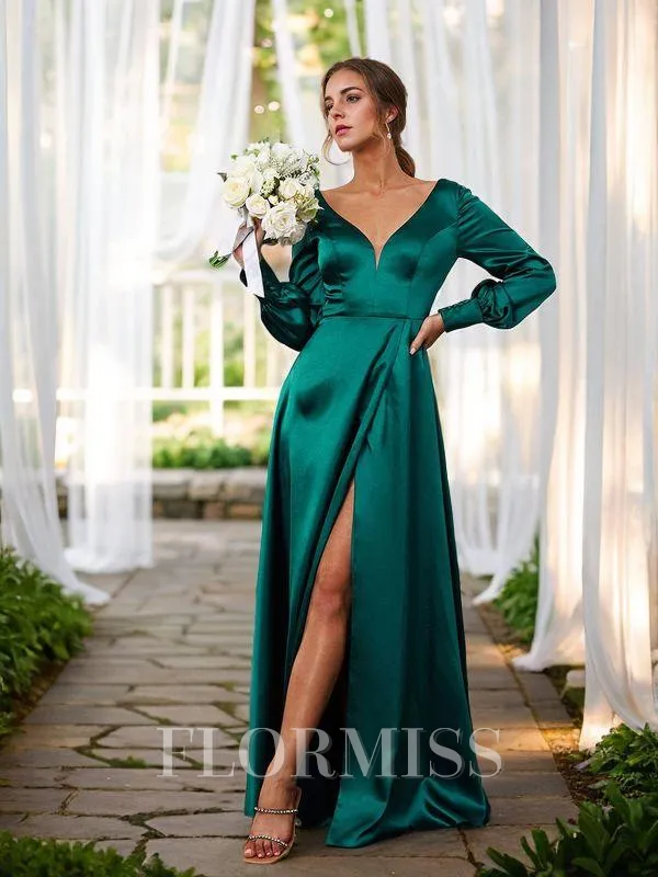 A-line/Princess Silk Like Satin V-neck Long Sleeves Floor-Length Bridesmaid Dresses