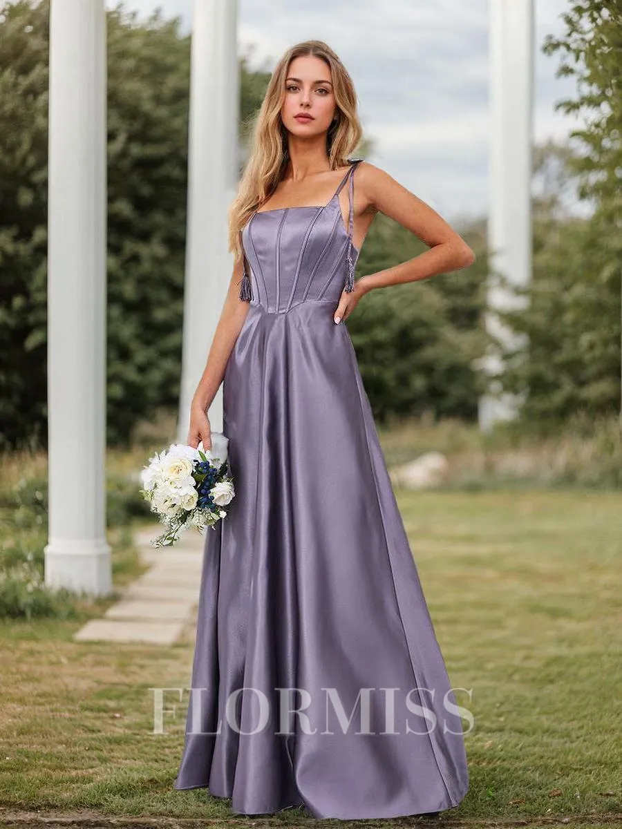 A-line/Princess Satin Spaghetti Straps Sleeveless Sweep/Brush Train Corset Bridesmaid Dresses