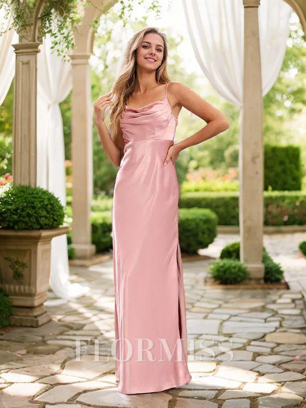 Sheath/Column Silk Like Satin Ruched Spaghetti Straps Sleeveless Floor-Length Bridesmaid Dresses