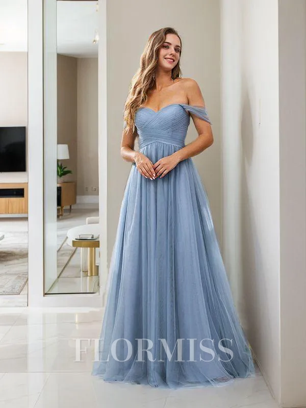 A-line/Princess Tulle Ruched Off-the-Shoulder Sleeveless Floor-Length Bridesmaid Dresses