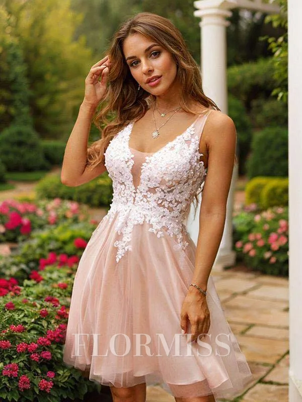 A-Line/Princess Tulle Applique V-neck Sleeveless Short/Mini Dresses