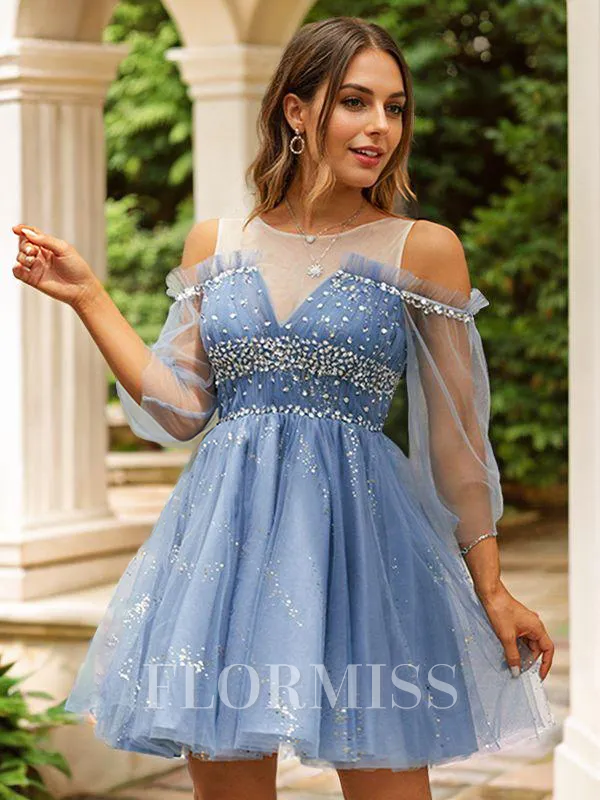 A-Line/Princess Beading Scoop 3/4 Sleeves Short/Mini Dresses