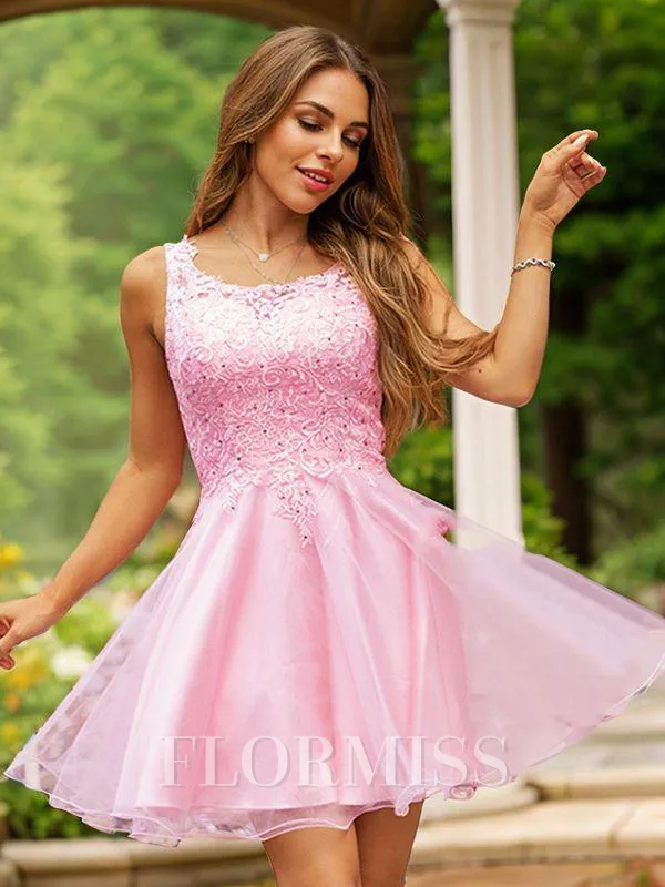 A-Line/Princess Tulle Applique Scoop Sleeveless Short/Mini Dresses