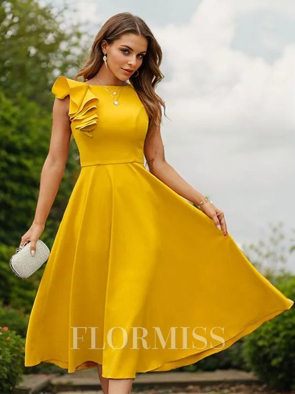 A-Line/Princess Stretch Crepe Ruffles Scoop Sleeveless Tea-Length Dresses