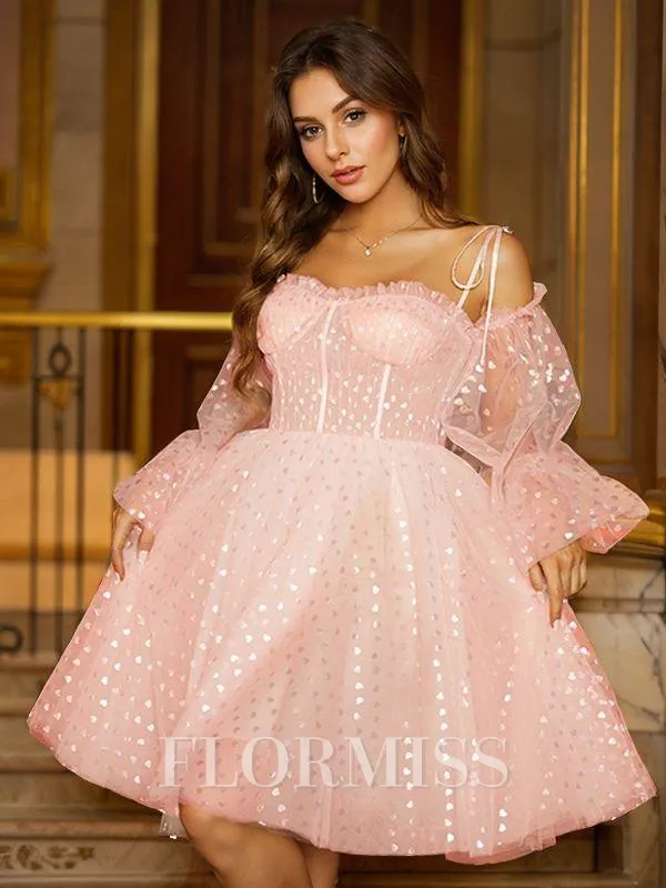 A-Line/Princess Ruffles Straps Long Sleeves Knee-Length Dresses