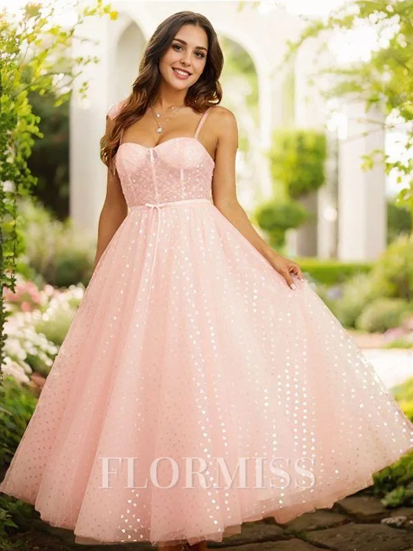 A-Line/Princess Ruffles Spaghetti Straps Sleeveless Ankle-Length Dresses