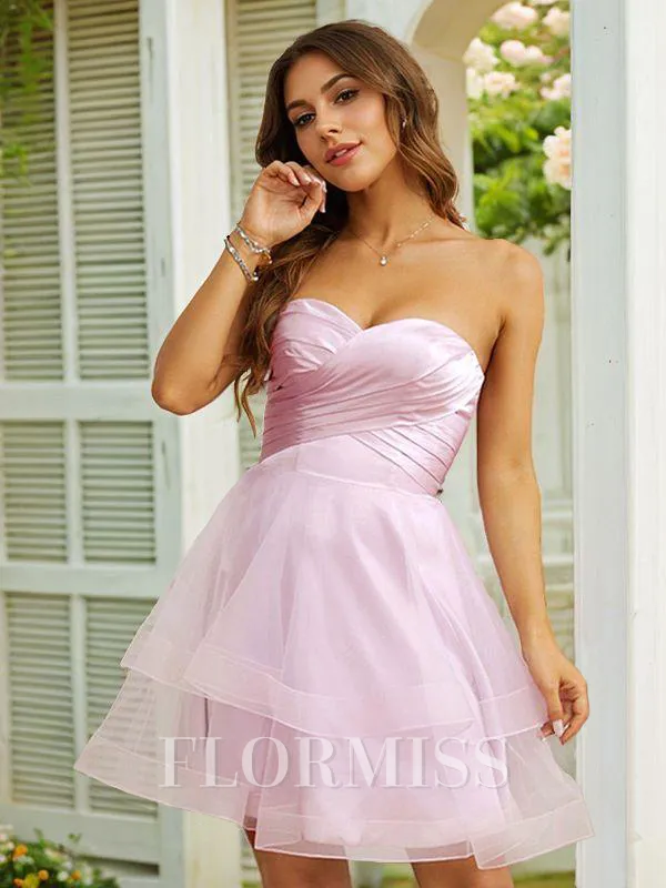 A-Line/Princess Tulle Ruched Sweetheart Sleeveless Short/Mini Dresses