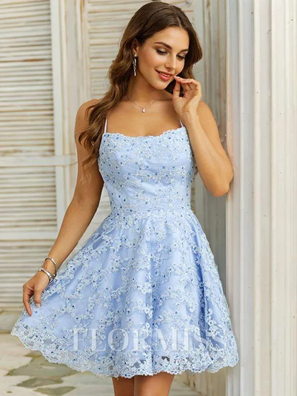 A-Line/Princess Lace Ruffles Spaghetti Straps Sleeveless Short/Mini Dresses