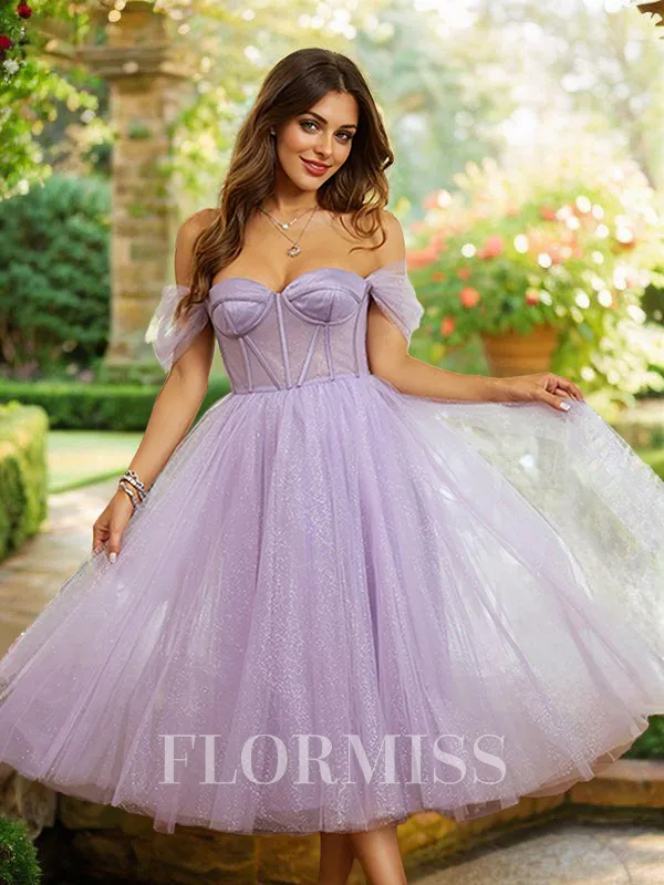 A-Line/Princess Tulle Ruffles Off-the-Shoulder Sleeveless Tea-Length Dresses