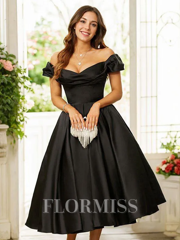 A-Line/Princess Satin Ruched Off-the-Shoulder Sleeveless Tea-Length Dresses