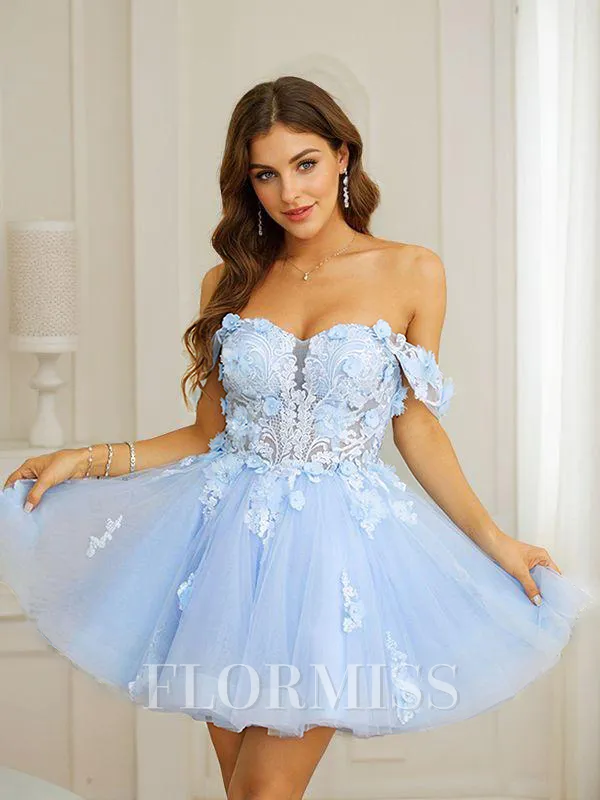 A-Line/Princess Tulle Applique Off-the-Shoulder Sleeveless Short/Mini Dresses