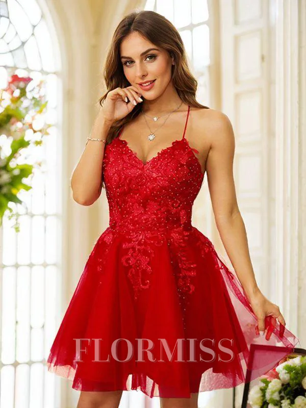 A-Line/Princess Tulle Applique V-neck Sleeveless Short/Mini Dresses