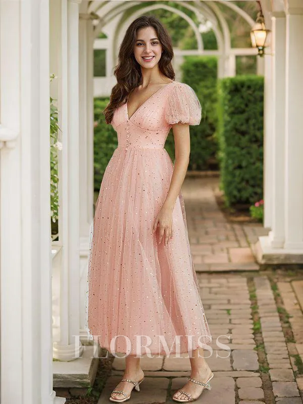 A-Line/Princess Tulle Ruched V-neck Short Sleeves Tea-Length Dresses