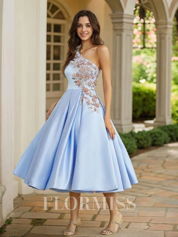A-Line/Princess Satin Applique One-Shoulder Sleeveless Tea-Length Dresses