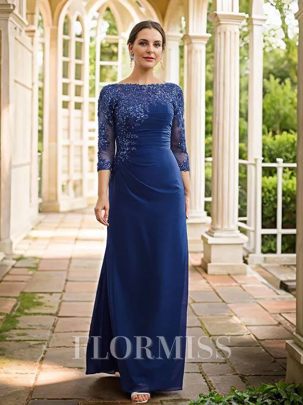 Sheath/Column Chiffon Applique Bateau 3/4 Sleeves Floor-Length Mother of the Bride Dresses