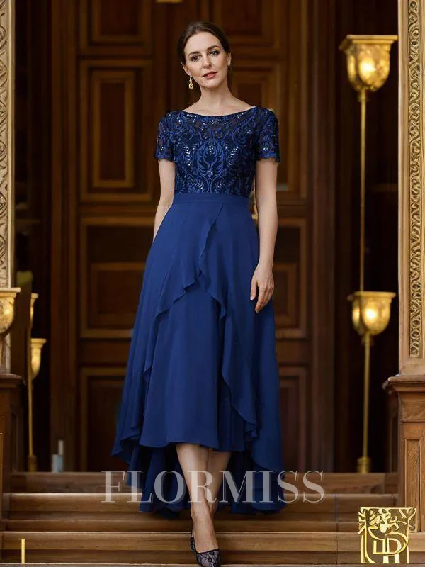 A-Line/Princess Chiffon Applique Bateau Short Sleeves Asymmetrical Mother of the Bride Dresses