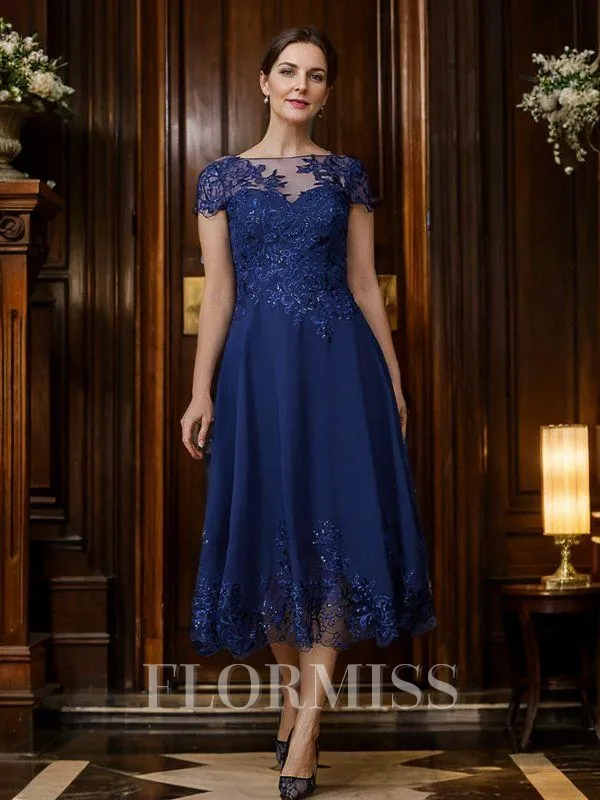 A-Line/Princess Chiffon Applique Bateau Short Sleeves Tea-Length Mother of the Bride Dresses
