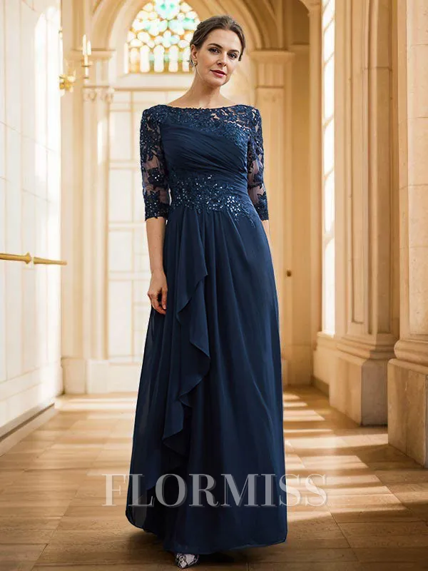 A-Line/Princess Chiffon Applique Bateau 3/4 Sleeves Floor-Length Mother of the Bride Dresses