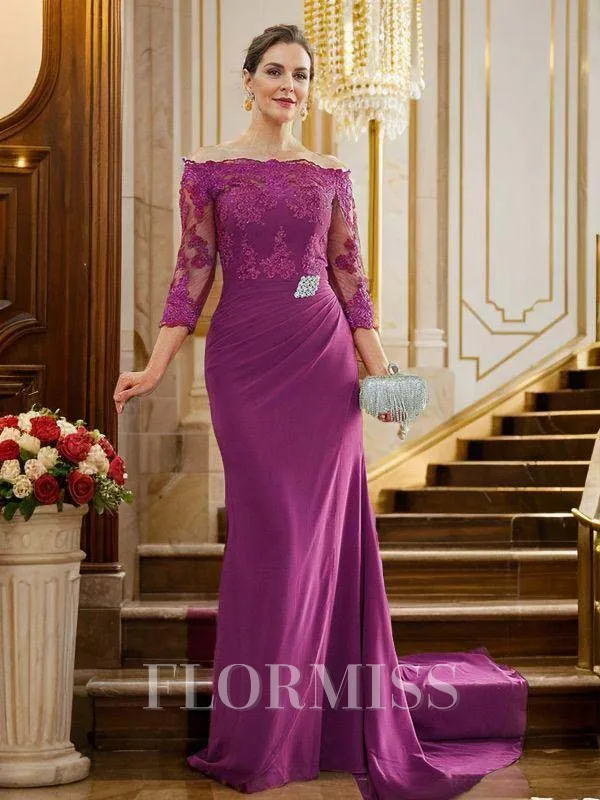 Sheath/Column Chiffon Applique Off-the-Shoulder 3/4 Sleeves Sweep Train Mother of the Bride Dresses
