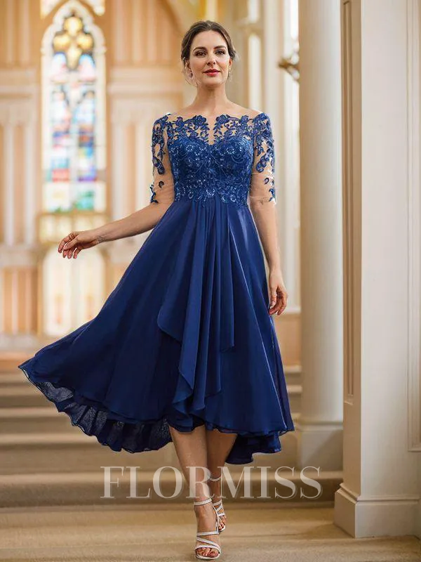 A-Line/Princess Chiffon Applique Bateau 1/2 Sleeves Tea-Length Mother of the Bride Dresses