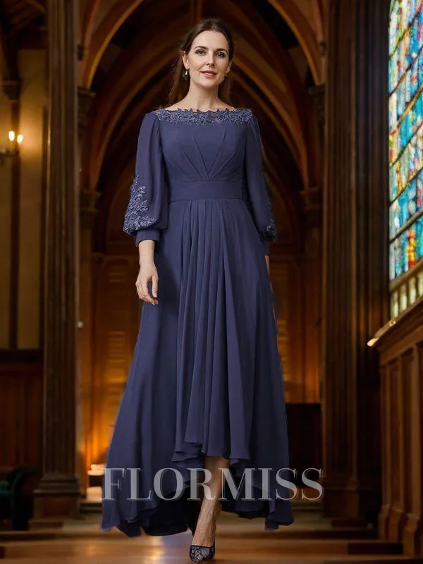A-Line/Princess Chiffon Ruched Bateau 3/4 Sleeves Asymmetrical Mother of the Bride Dresses