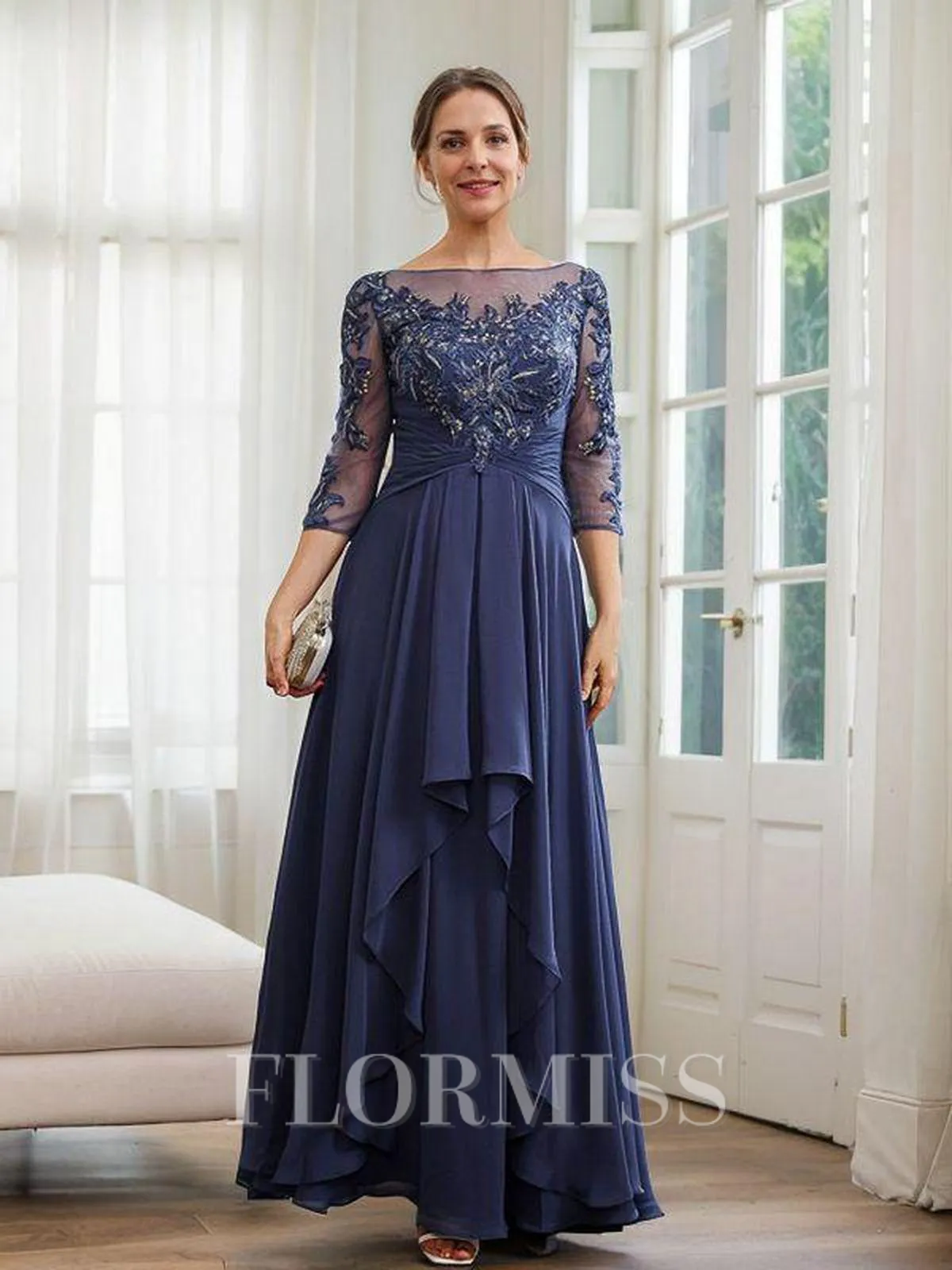 A-Line/Princess Chiffon Applique Bateau 3/4 Sleeves Floor-Length Mother of the Bride Dresses
