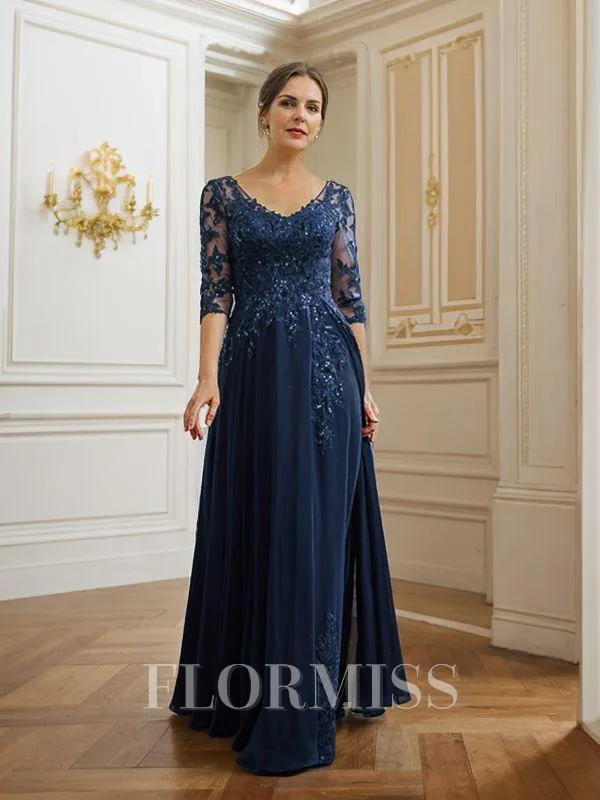 A-Line/Princess Chiffon Applique V-neck 3/4 Sleeves Floor-Length Mother of the Bride Dresses