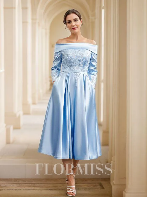 A-Line/Princess Silk Like Satin Ruched Off-the-Shoulder Long Sleeves Tea-Length Mother of the Bride Dresses