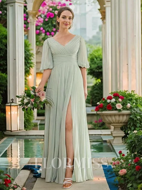 A-Line/Princess Chiffon Ruched V-neck 1/2 Sleeves Floor-Length Mother of the Bride Dresses