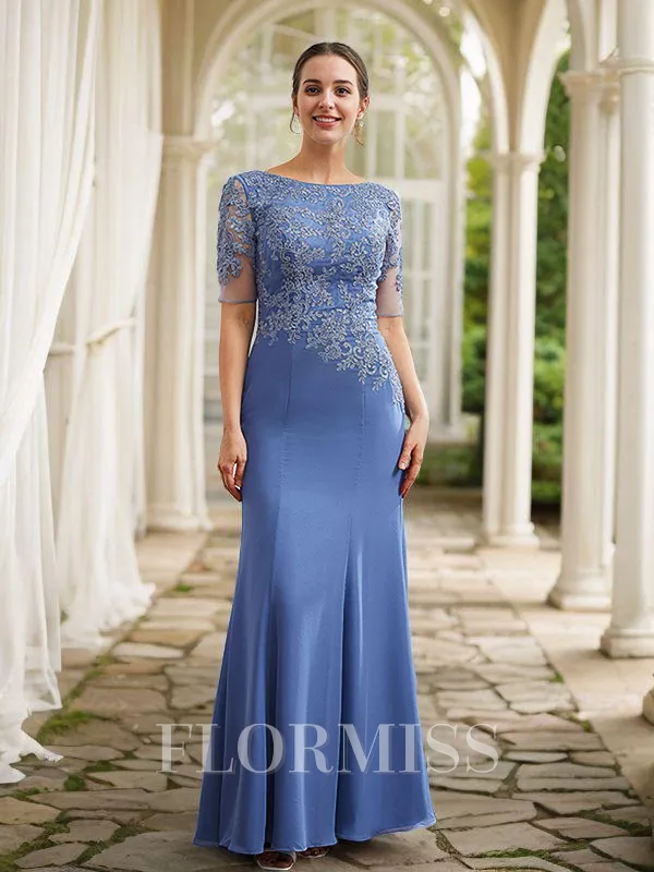 Sheath/Column Chiffon Applique Bateau Short Sleeves Floor-Length Mother of the Bride Dresses