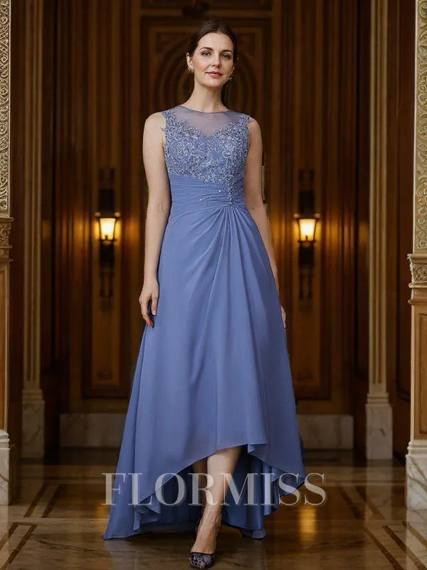 A-Line/Princess Chiffon Applique Scoop Sleeveless Asymmetrical Mother of the Bride Dresses