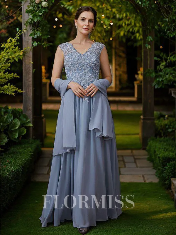 A-Line/Princess Chiffon Applique V-neck Sleeveless Floor-Length Mother of the Bride Dresses