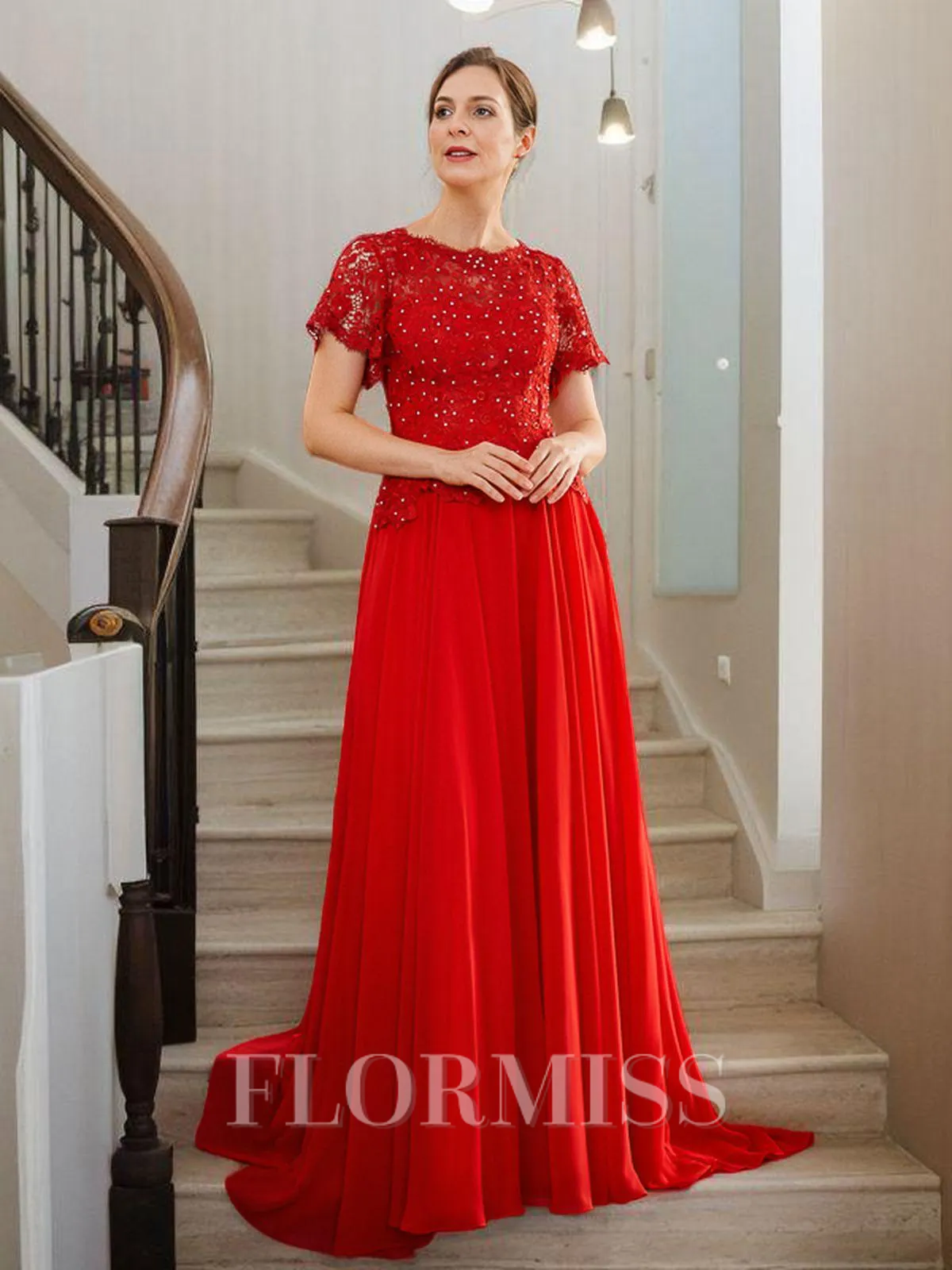 A-Line/Princess Chiffon Applique Scoop Short Sleeves Sweep Train Mother of the Bride Dresses