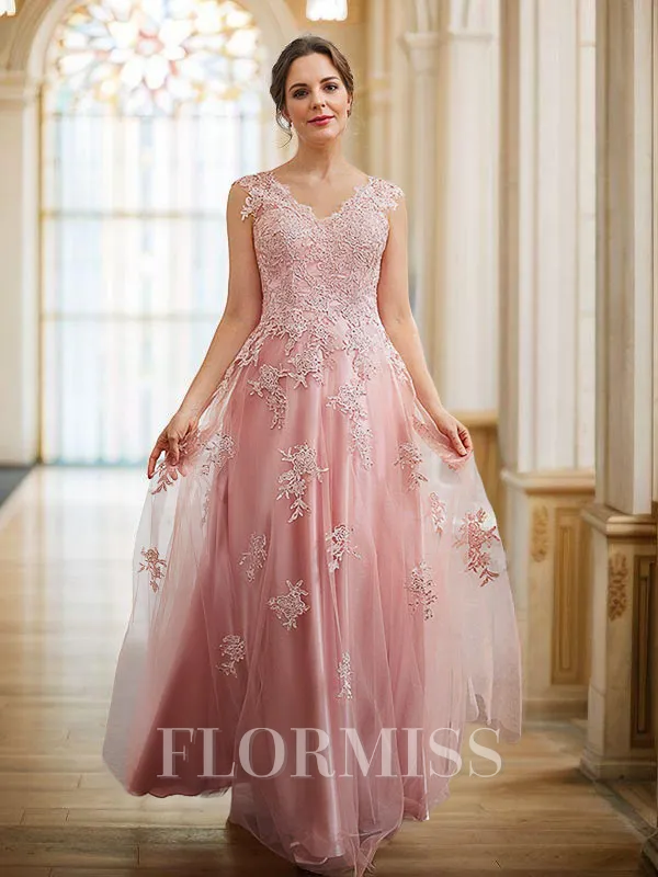 A-Line/Princess Tulle Applique V-neck Sleeveless Floor-Length Dresses