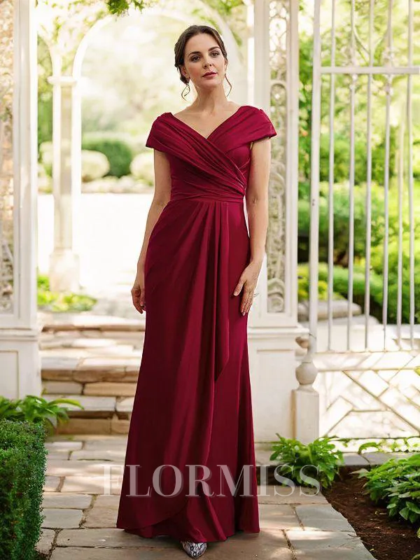Sheath/Column Jersey Ruched V-neck Short Sleeves Floor-Length Mother of the Bride Dresses