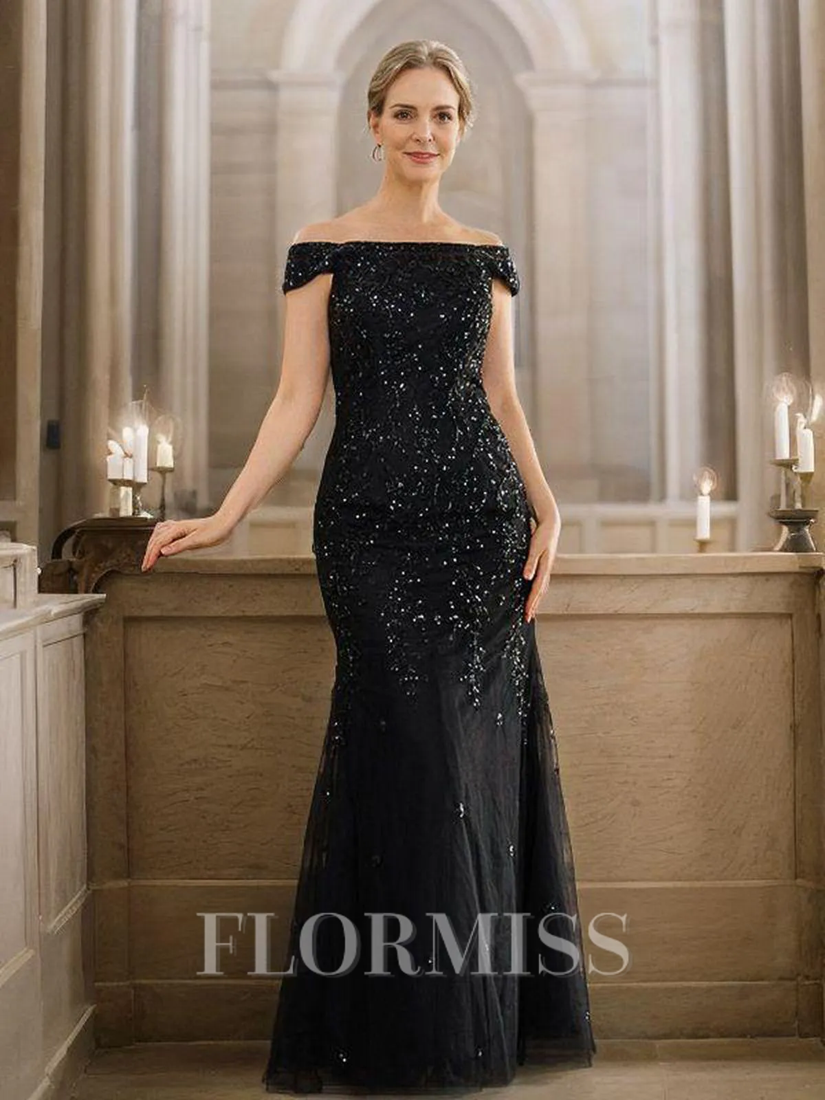 Sheath/Column Tulle Beading Off-the-Shoulder Sleeveless Floor-Length Mother of the Bride Dresses