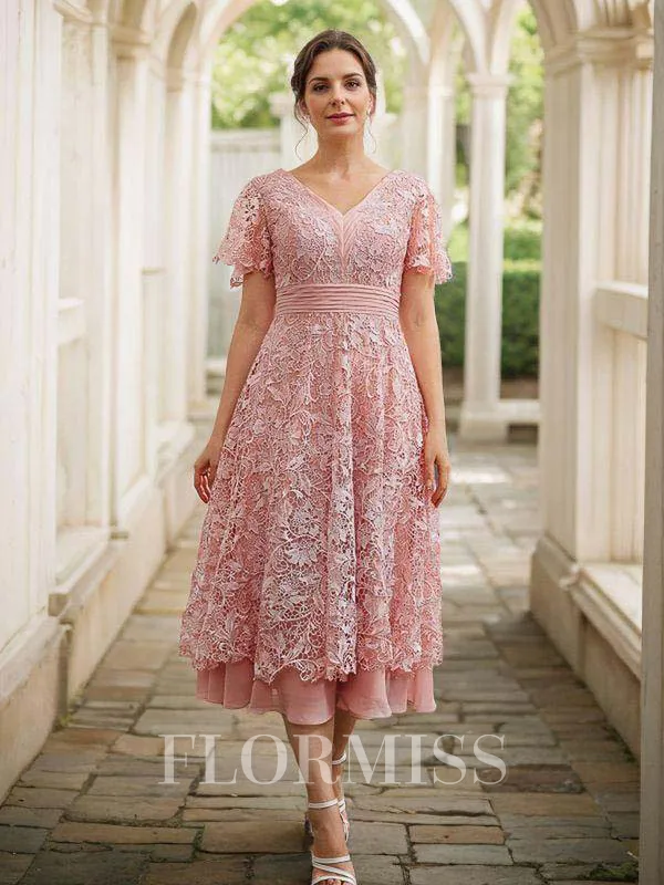 A-Line/Princess Chiffon Applique V-neck Short Sleeves Tea-Length Dresses